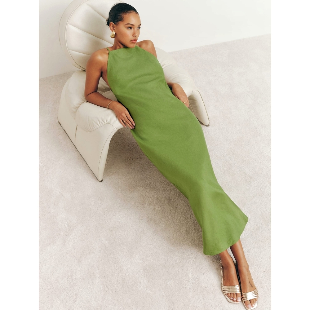 Reformation Selia Minimilist Linen Maxi Dress Green - Picture 1 of 9